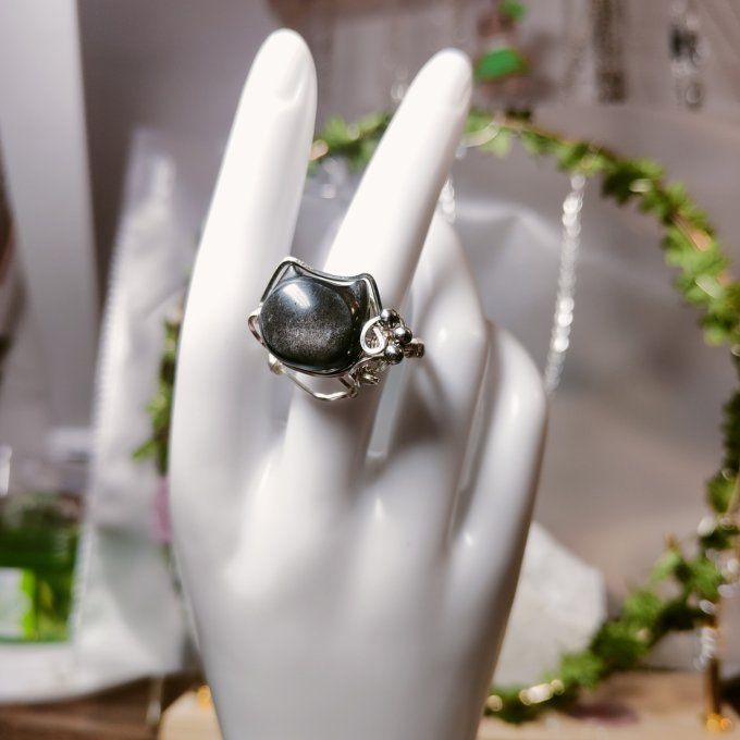 Bague obsidienne argenté Chat Sheen 