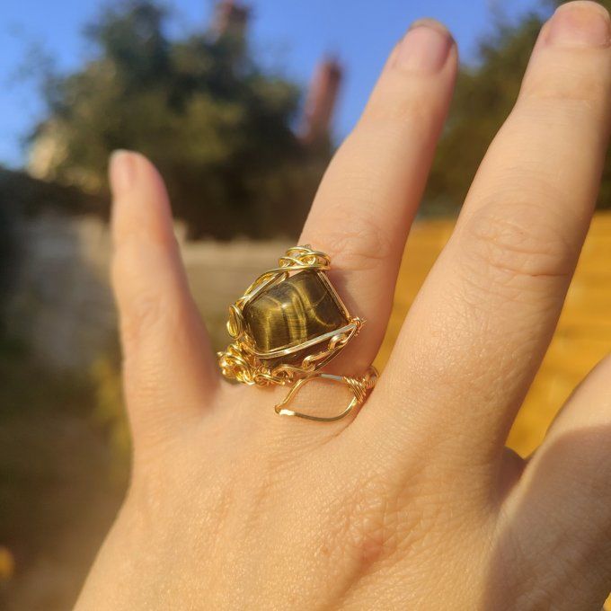 Bague oeil de tigre gemme - carré -ajustable