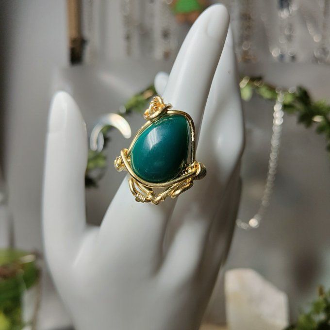 Bague Onyx verte courrone-ajustable